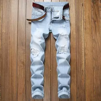 2024 европейские и американские новые мужские облегающие джинсы средней талии с прямыми штанинами и потертостями, светло-голубые брюки для мужчин 28 светло-синий