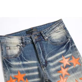 2024 европейские и американские новые облегающие эластичные джинсы мужские вышитые пятиконечные звезды кошачьи усы земля белые рваные джинсовые брюки 29 светло-синий