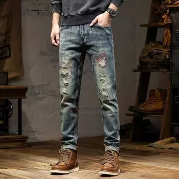 2024 европейские и американские новые ретро потертые джинсы мужские высококачественные потертые прямые штаны ностальгические эластичные джинсовые брюки 28