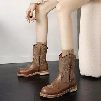 2024 европейские и американские вышитые рыцарские сапоги с молнией сзади на рукавах женские ретро тонкие дышащие короткие вестерн-сапоги 35 светло-коричневого