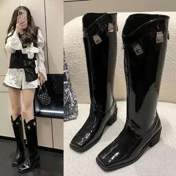 2024 Европейские и североамериканские модные сапоги Черные тонкие брюки Сапоги Прямые квадратные рыцарские сапоги 35