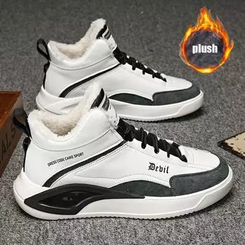 2024 европейские новые зимние мужские ботинки с плюшевой подкладкой, высокие берцы из натуральной кожи, повседневные туфли на плоской подошве, уличные трендовые кроссовки 39 чёрный