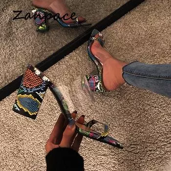 2024 Европейские женские сандалии с открытым носком, змеиный узор, квадратные, с толстыми женскими туфлями, летние супер каблуки, большой размер 42, сандалии для женщин 5 хаки