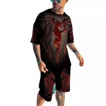 2024 Европейский и американский летний комплект больших размеров с короткими рукавами и 3D цифровой печатью, повседневный мужской топ, футболка, шорты, комплект S