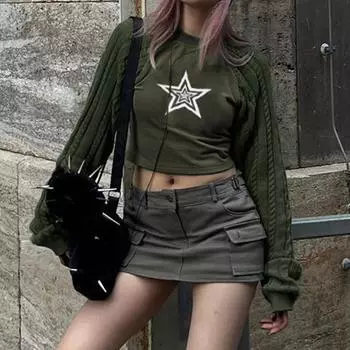 2024 Европейский и американский модный новый контрастный весенний топ с рукавами реглан, пикантный минималистичный весенний топ для девочек. S зелёный