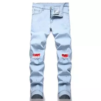 2024 Европейский и Американский Новый Эластичный Заплатка На Колене, Персонализированные Джинсы Из Денима Для Мужчин 28 светло-синий