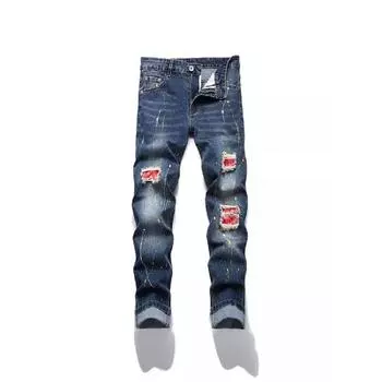 2024 Европейский и Американский Новый Эластичный Заплатка На Колене, Персонализированные Джинсовые Брюки С Краской Для Мужчин 28 синий