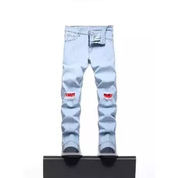2024 Европейский и Американский Новый Эластичный Заплатка На Колене, Персонализированные Джинсы Из Денима Для Мужчин 28 светло-синий