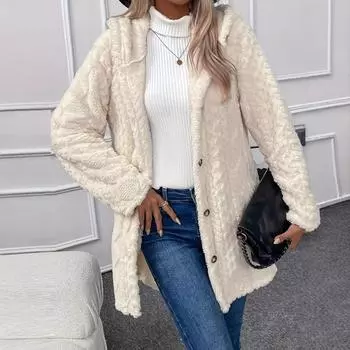 2024 Европейский и Американский однотонный кардиган с капюшоном на пуговицах с длинными рукавами Повседневная куртка S чёрный