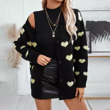2024 Европейский и Американский Осень И Зима Новый Вязаный Свитер V-образный Вырез Сердце Жаккард Средней Длины Кардиган Свитер Для Женщин S розовый