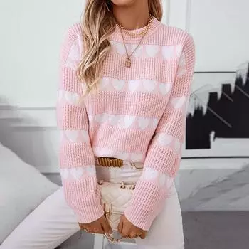 2024 Европейский и Американский Осень И Зима Новый Любимый Жаккардовый Свитер Женский Свободный Повседневный Круглый Вырез Контрастного Цвета Свитер S розовый
