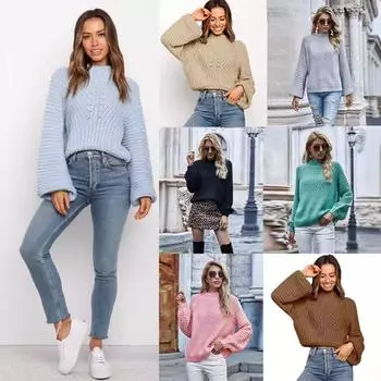 2024 Европейский и Американский Осень/Зима Новый Базовый Ажурный Пригородный Вязаный Свитер Круглый Вырез Однотонный Длинный Рукав Свитер S зелёный