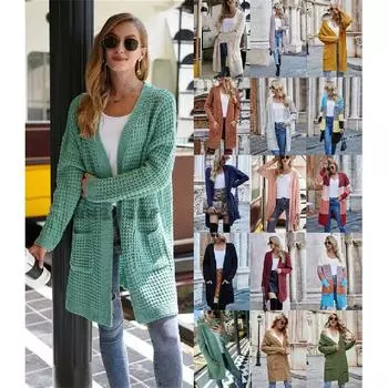 2024 Европейский и Американский Осень/Зима Новый Вязаный Кардиган Пригородный Свободный Большой Однотонный Свитер Женское Пальто S темно-синий