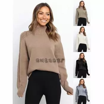 2024 Европейский и Американский Осень/Зима Новый Однотонный Свитер Высокий Воротник Толстовка Свободный Однотонный Свитер Для Женщин S чёрный