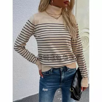 2024 Европейский и Американский Осень-Зима Новый Полосатый Женский Свитер С Высоким Воротником Полосатый Пуловер Вязаный Свитер S белый