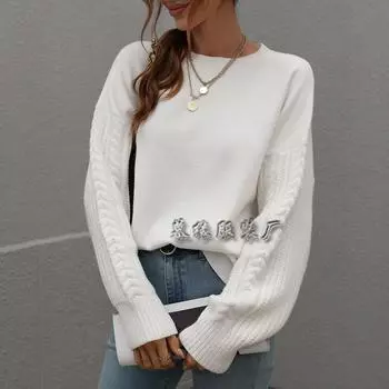 2024 Европейский и американский осенне-зимний однотонный вязаный свитер с длинными рукавами и круглым вырезом, витой веревкой, свитер для женщин S белый