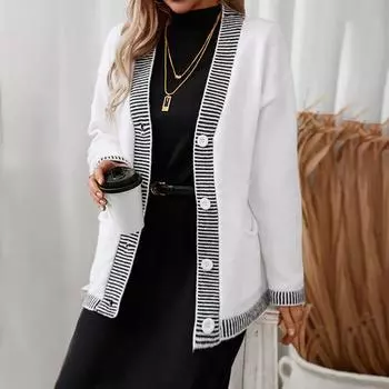 2024 Европейский и американский осенне-зимний женский вязаный свитер с полосатым контрастным цветом V-образный вырез однобортный кардиган свитер S бежевый