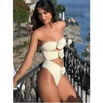2024 Европейский и американский пляжный купальник, однотонный сексуальный сексуальный купальник с открытой спиной, женский 3D трехмерный цветочный бикини S белый