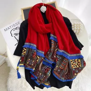 2024 Европейский и американский ретро однотонный вышитый кешью длинная шаль из чистого хлопка с бахромой из деревянных бусин 190*80cm