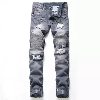 2024 Европейский и американский стиль ностальгические рваные джинсы мотоциклетные джинсы прямые джинсы мужские модные брюки Beggar Personality 29
