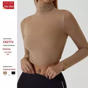 2024 Европейский и Американский Топ для Йоги С Длинными Рукавами: Короткая спортивная рубашка с высоким воротником, осенняя, с открытым пупком для женщин XL какао