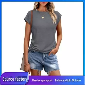 2024 Европейский и американский женский летний однотонный топ с круглым вырезом и короткими рукавами Extra Large розовый