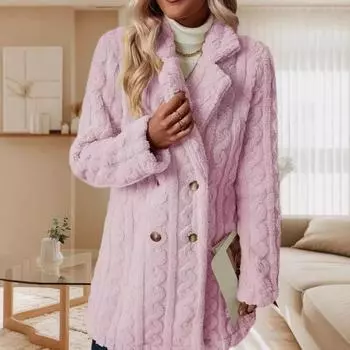 2024 Европейский и Американский женский новый удобный повседневный теплый двубортный плюшевый пиджак с воротником S розовый