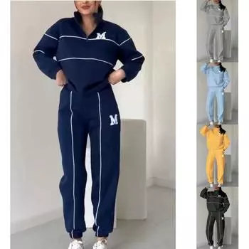 2024 Европейский и Американский женский свитер с надписью термопереводом, брюки с длинными рукавами, повседневный спортивный комплект из двух предметов на молнии S белый