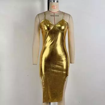 2024 Европейско-американское Золотое Платье без Бретелей, Облегающее, с Необычным Ремнем S