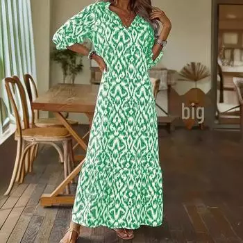 2024 европейское и американское независимое повседневное платье с V-образным вырезом и принтом, средней длины рукавами для модниц на осень и зиму. 5XL белый