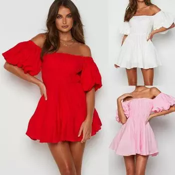 2024 Европейское и американское сексуальное сексуальное платье с открытыми плечами и пышными рукавами с эластичной резинкой на талии Свежее милое большое распашное платье XS белый