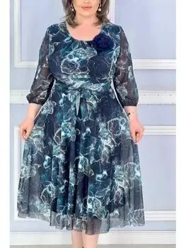 2024 Европейское и американское женское платье миди больших размеров с принтом L синий