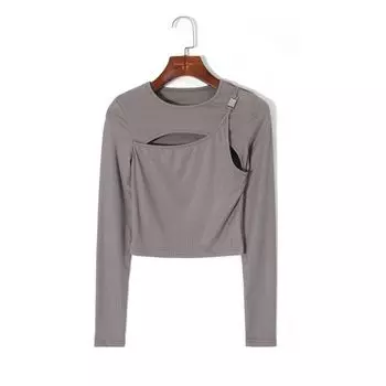 2024 Fall Women s Clothing K-style Minimalist Pure Color round Neck Pullover Long Sleeves Sexy Cutout Silm Stretch Plaid T-shirt Dark Gray S