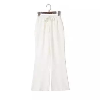 2024 Fall Women s Clothing Korean Style Fashion Simple Pure Color Elastic High Waist Lace-up Loose Slim Looking Double Pocket Casual Pants Beige XS