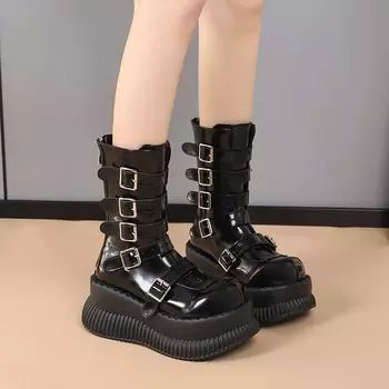 2024 Fashion Brand Ladies Motorcycles Boots Black Punk Style Wedge Platform Female Shoes Autumn Winter New Gothic Women s Boots 35 чёрный