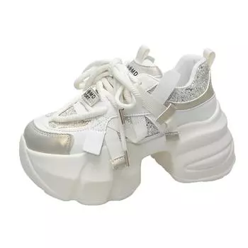 2024 Fashion Chunky Sneakers Women Autumn Lace Up Platform Sports Shoes 7CM Thick Bottom High Heels Female Bling Sneakers Woman 34 бежевый