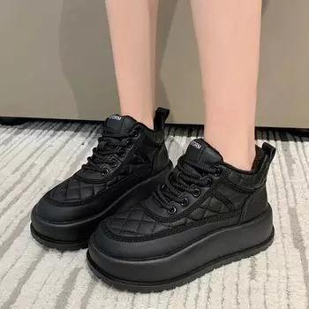 2024 Fashion High Help Daddy Shoes Female Thick Bottom Autumn And Winter New Cashmere Shoes Lace-up Female Casual Sports Shoes 35 чёрный