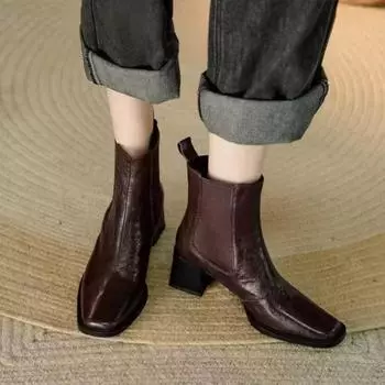 2024 Модные женские туфли Ботильоны женские элегантные современные ботинки женские с квадратным носком туфли на высоком каблуке женские Zapatos 35 чёрный