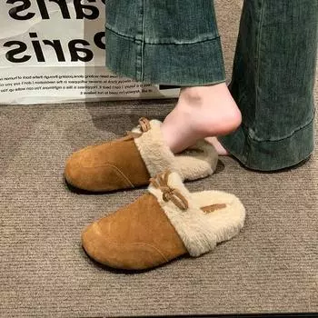 2024 Fashion Ladies Shoes Baotou Women s Slippers Hot Sale Butterfly-knot Daily Slippers Women Winter Plus Velvet Flat Slippers 35