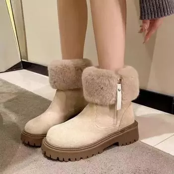 2024 Fashion Ladies Shoes Side Zip Women s Boots Winter Round Toe Suede Warm Solid Short Barrel Block Heel Plus Size Boots 35 чёрный