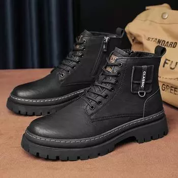 2024 Fashion Men Casual Leather Boots Classic Round Toe Leather Ankle Boots Comfy Street Hip Hop Tooling Shoes Motorcycle Boots 39 чёрный