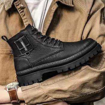 2024 Fashion Men Casual Leather Boots Classic Round Toe Leather Ankle Boots Comfy Street Hip Hop Tooling Shoes Motorcycle Boots 39 чёрный