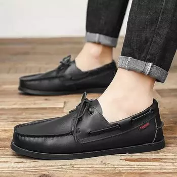 2024 Fashion Men Soft Leather Loafers Handmade Designer Casual Walking Shoes Comfy Genuine Leather Flat Antiskid Driving Shoes 39 чёрный