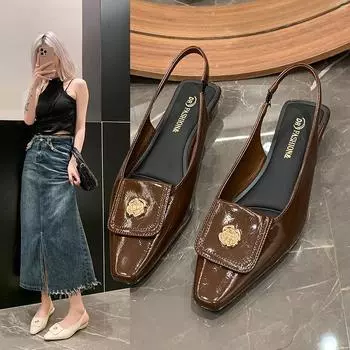 2024 Fashion Metal Pumps Women Med Heels Shoes Pointed Toe Ladies Sandals Brand Mixed Color Female Slingback Sandal Elegant 35 чёрный