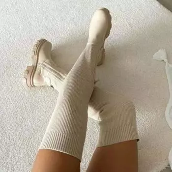 2024 Fashion New Thick-soled Knight Boots Winter Casual Women s Knitted Elastic Slip-on Over-the-knee Boots Botas De Mujer 35 бежевый