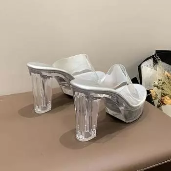 2024 Мода Новый тренд Прозрачный Кристальный Дно Водонепроницаемый Стол Толстый Каблук Заостренный Головной Узел Высокий Каблук Женская Повседневная Мода 35 серебряный