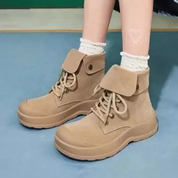 2024 Fashion Shoes Female Lace Up Women Boots Winter Round Toe Suede Solid Short Barrel Low Heels Female Boots Zapatos De Mujer 35 хаки