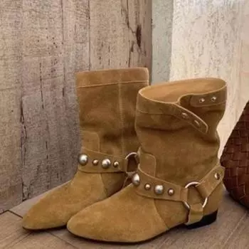 2024 Fashion Shoes for Women Sleeve Women s Boots Autumn Winter Suede Warm Solid Middle Tube Low-heeled Boots Zapatos Mujer 35 коричневый