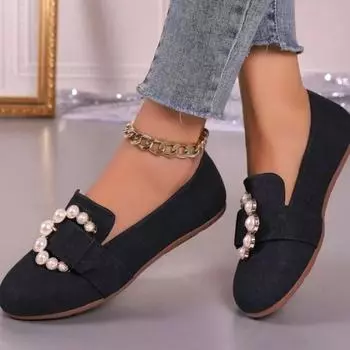 2024 Fashion Shoes for Women Slip on Women s Flats Spring Round Toe Solid Denim Bead Decoration Shallow Mouth Commuting Flats 35 хаки