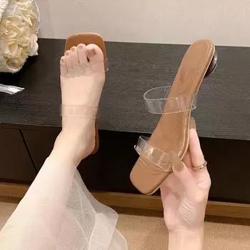 2024 Fashion Solid Color Summer Women s Shallow Mouth Jelly Slippers Open Toe High Heels Women s Slippers Transparent Sandals 34 бежевый